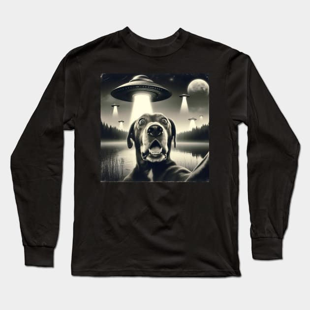 Dog selfie with UFO Long Sleeve T-Shirt by TomFrontierArt